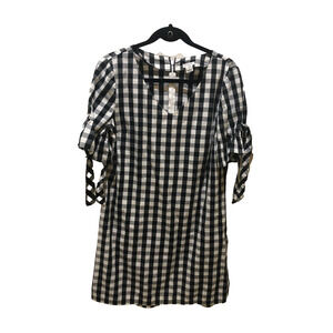 J Crew Shift Dress Black White Gingham Check V-Neck Tie Ruffle Sleeve Size Small